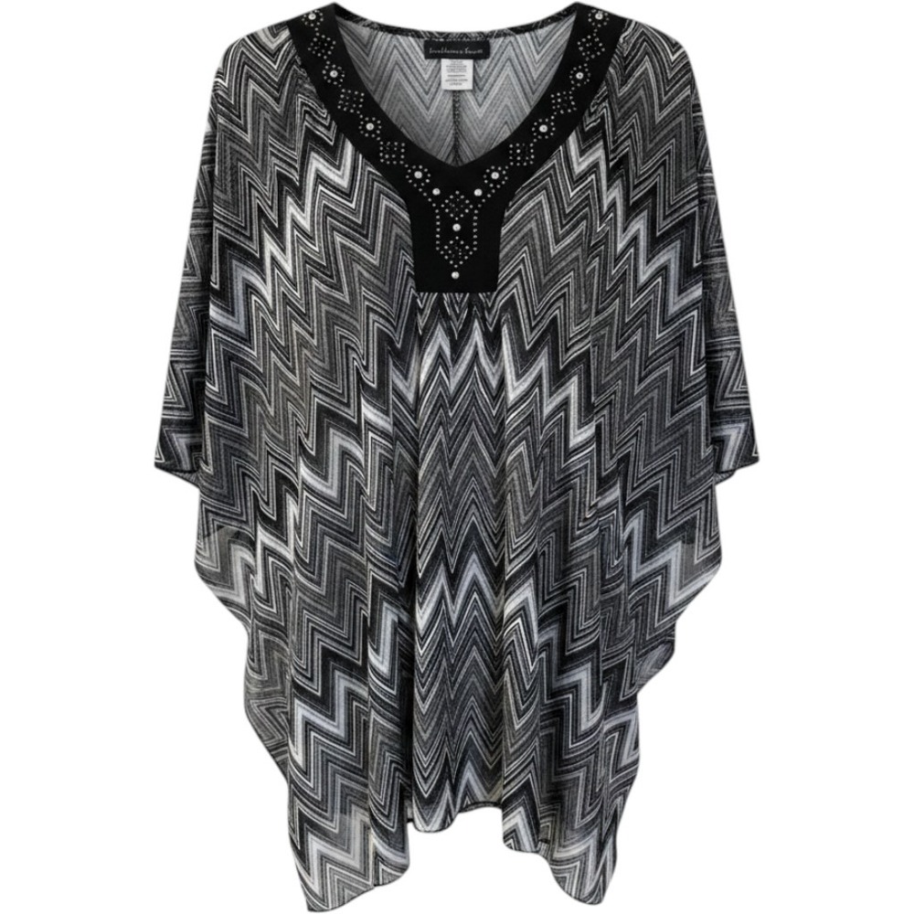 Brittany Black Womens 2X Chevron Studded V-Neck Poncho Blouse B/W Zig Zag